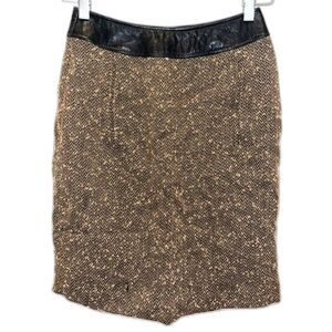 Anne Klein Petite Woven Wool Leather Trim Waist Straight Brown Pencil Skirt